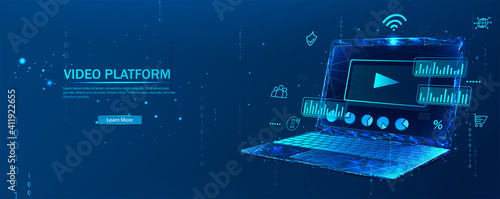 Video marketing platform.Play button. Abstract illustration isolated on dark background. Low poly wireframe style. Banner for landing page and web. Vector illustration
