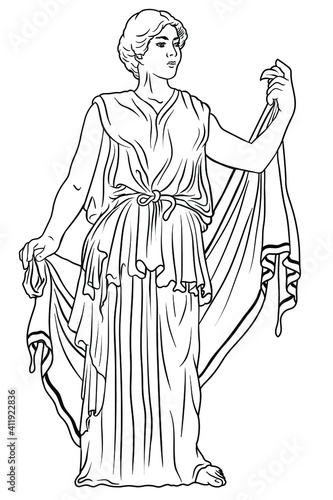 An ancient Greek young woman in a tunic and cape stands looks away and gestures.