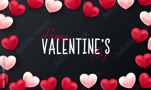 Valentines day 3d hearts. Cute love banner, romantic greeting card happy valentines day wishes text, red heart balloons vector concept