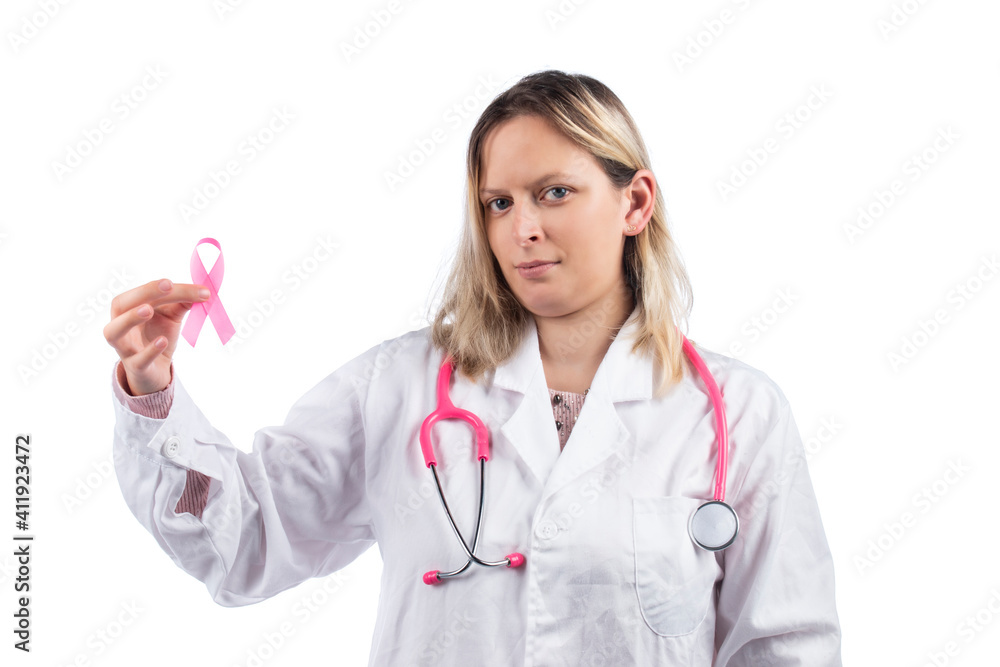 Caucasian doctor woman with pink stethoscope Caucasian doctor woman with pink stethoscope