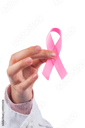 hand holding breast cancer ribbon