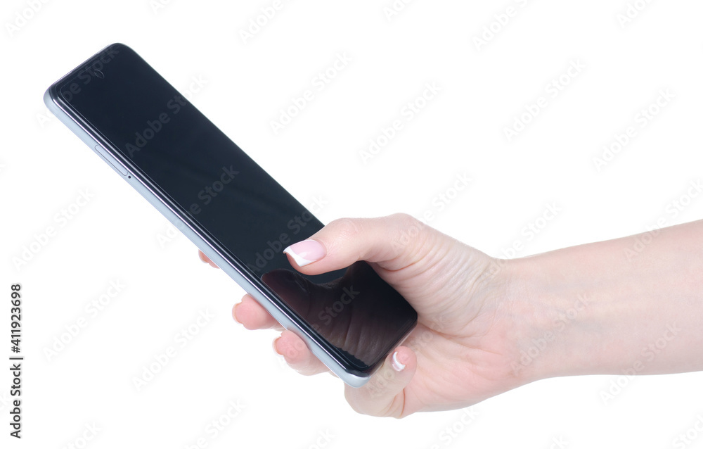 Mobile phone smartphone in hand on white background isolation Mobile phone smartphone in hand on white background isolation