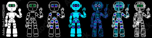 Friendly humanoid robot with raised hand in circuit board style. Vector Illustration