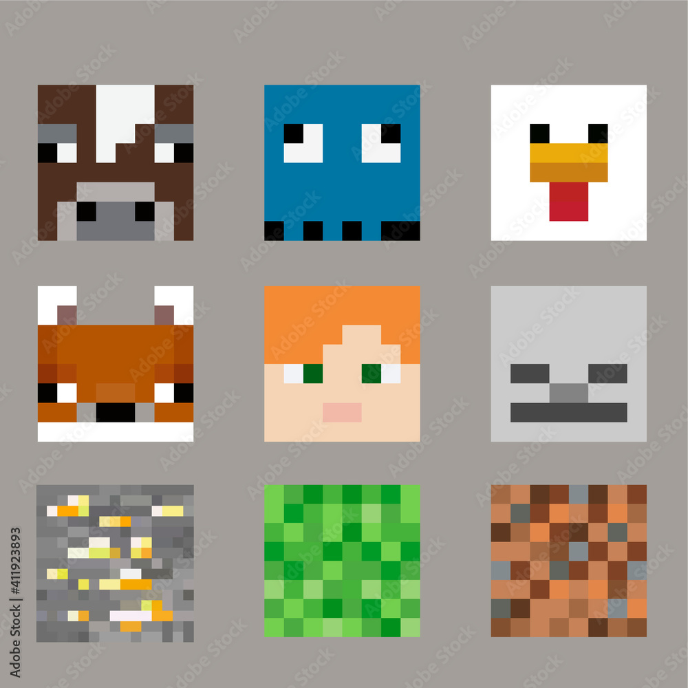 Set of pixel avatars. Heroes game concept. Avatars concept of game characters. Vector illustration Set of pixel avatars. Heroes game concept. Avatars concept of game characters. Vector illustration