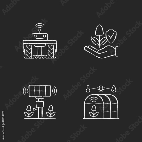 Smart agriculture RGB chalk white icons set on black background. Robotics in farm. Digital greenhouse. Innovation technology. Agronomy engineering. Isolated vector chalkboard illustrations