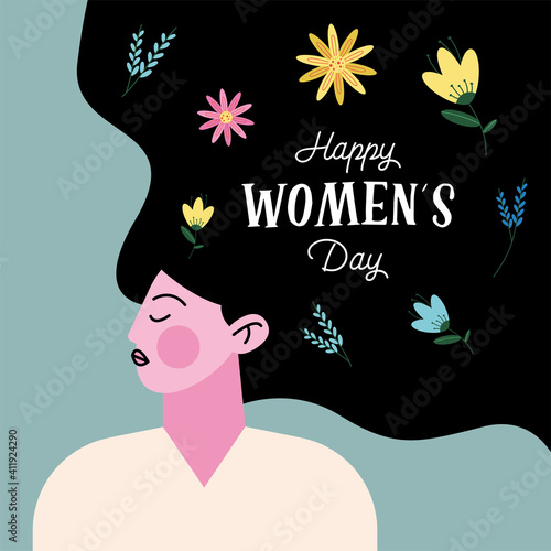 happy womens day lettering with lady character