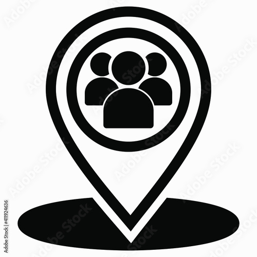 Group of people location icon. Gathering people. Place on the map of people. Vector icon.