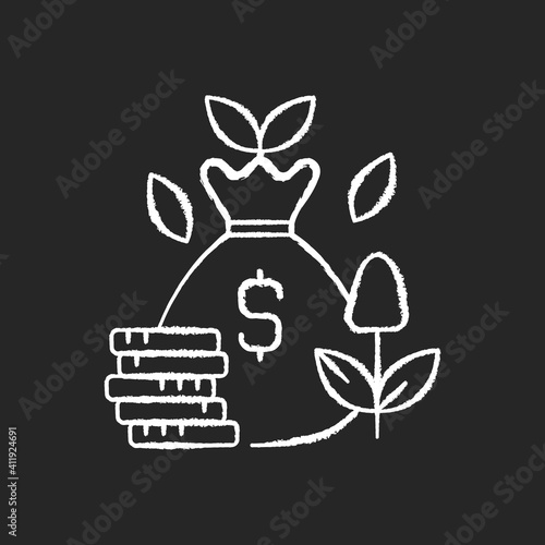 Cost efficiency chalk white icon on black background. Maximum profitability. Smart harvest. Farm productivity. Digital agrotechnology. Isolated vector chalkboard illustration
