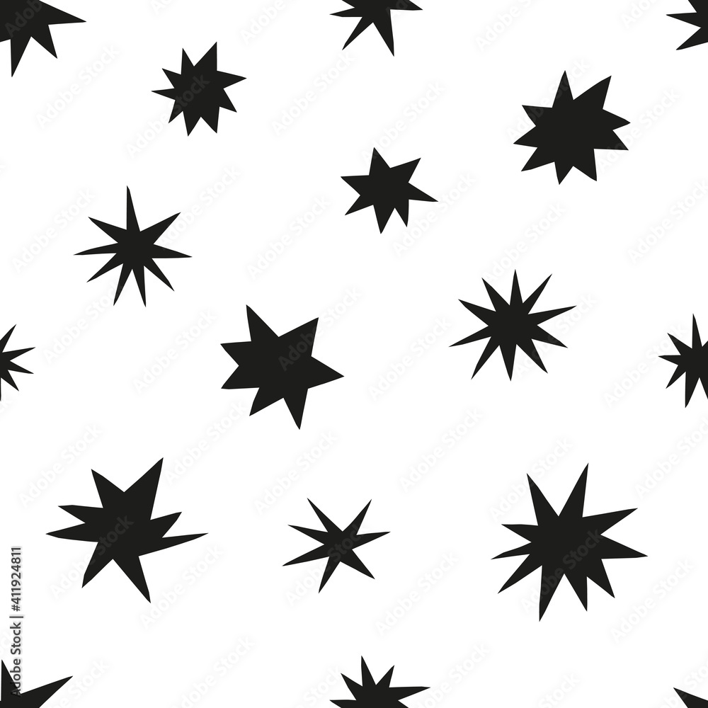 Star quirky shapes vector seamless pattern. Cosmic starry paper cut silhouette black and white baby background design. Abstract celestial geometric space childish fabric print Star quirky shapes vector seamless pattern. Cosmic starry paper cut silhouette black and white baby background design. Abstract celestial geometric space childish fabric print