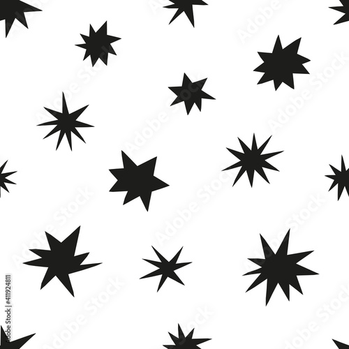  Star quirky shapes vector seamless pattern. Cosmic starry paper cut silhouette black and white baby background design. Abstract celestial geometric space childish fabric print