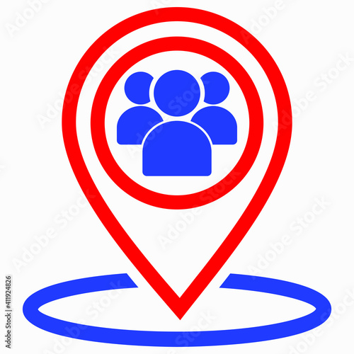 Group of people location icon. Gathering people. Place on the map of people. Vector icon.