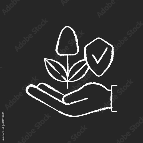 Sustainable agriculture chalk white icon on black background. Smart farming. Ecofarm. Environmental protection. Chemical pesticides and fertilizers. Isolated vector chalkboard illustration