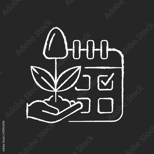 Estimating planting time chalk white icon on black background. Growing season. Plant production. Harvesting. Smart farming. Isolated vector chalkboard illustration
