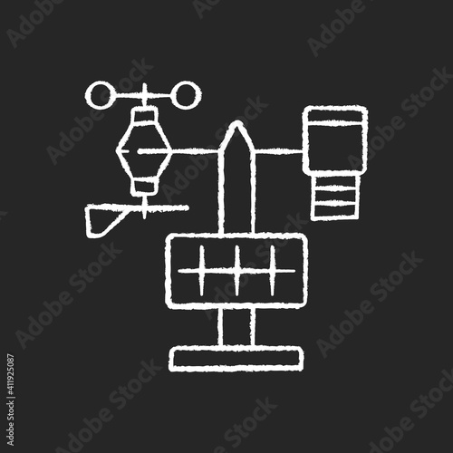 Weather stations chalk white icon on black background. Agriculture meteo analysis. Optimal farming conditions. Weather data. Environmental monitoring. Isolated vector chalkboard illustration
