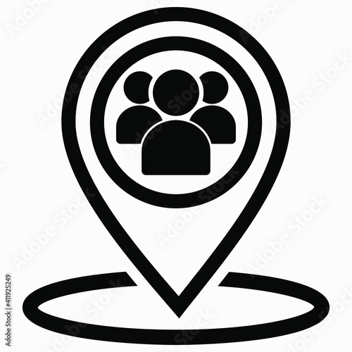 Group of people location icon. Gathering people. Place on the map of people. Vector icon.