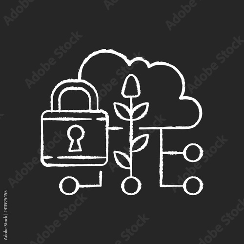 Data security in agriculture chalk white icon on black background. Information protection. Smart farm. Cybersecurity in precision agriculture. Isolated vector chalkboard illustration