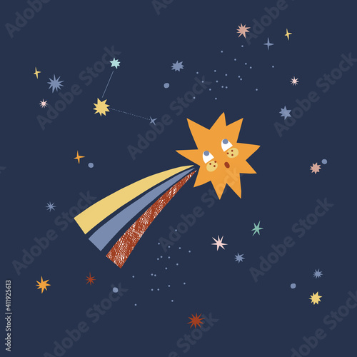 Cute little star character vector illustration. Baby comet in space graphic print design 