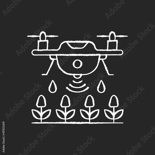 Farming drones chalk white icon on black background. Precision agriculture. Drone mapping and analyzing. Monitor crop growth. Automation in agronomy. Isolated vector chalkboard illustration