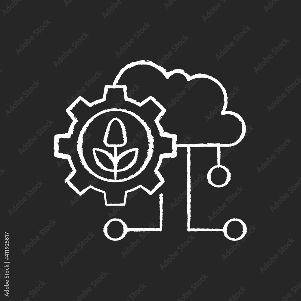 Cloud computing in farming chalk white icon on black background. Agricultural analytics. Information technology. Collected data. Isolated vector chalkboard illustration Cloud computing in farming chalk white icon on black background. Agricultural analytics. Information technology. Collected data. Isolated vector chalkboard illustration