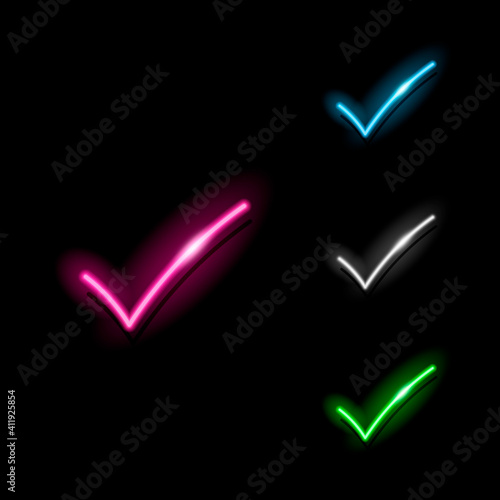 Set of neon check mark icons in four different colours isolated on black background. Tick, vote, choice, test or examination concept. Night signboard style. Vector 10 EPS illustration.