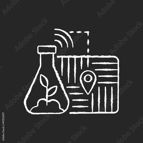 GPS soil sampling chalk white icon on black background. Precision agriculture. Smart farm. Navigate for accurate sampling locations. Isolated vector chalkboard illustration