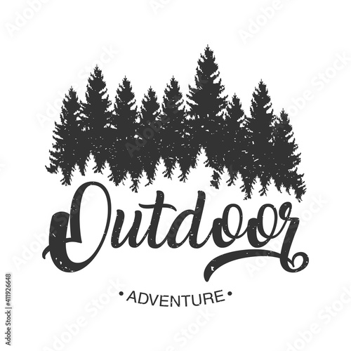 outdoor adventure lettering emblem with pines forest