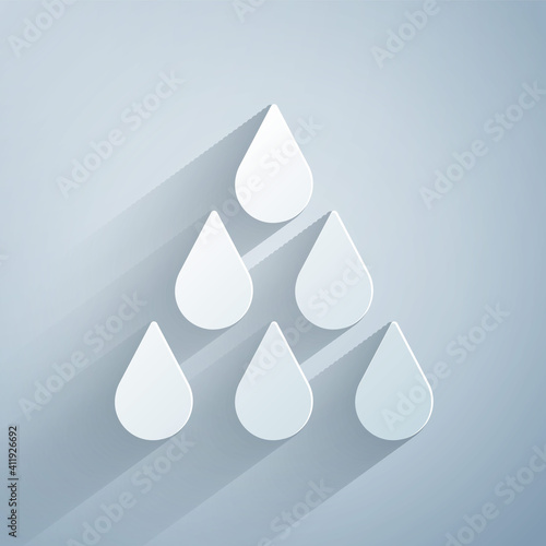 Paper cut Water drop icon isolated on grey background. Paper art style. Vector.