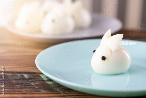 Funny bunny made of boiled eggs  Easter table decoration  Easter decor and serving