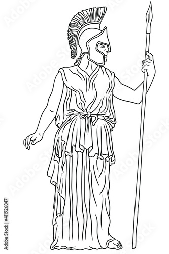 Ancient Greek goddess Pallas Athena in a helmet with a spear in her hand stands next to the column.. Vector illustration isolated on white background.