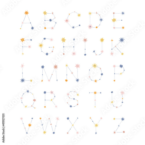 Constellation alphabet. Starry letters vector illustration isolated on white. Cosmic font kid design