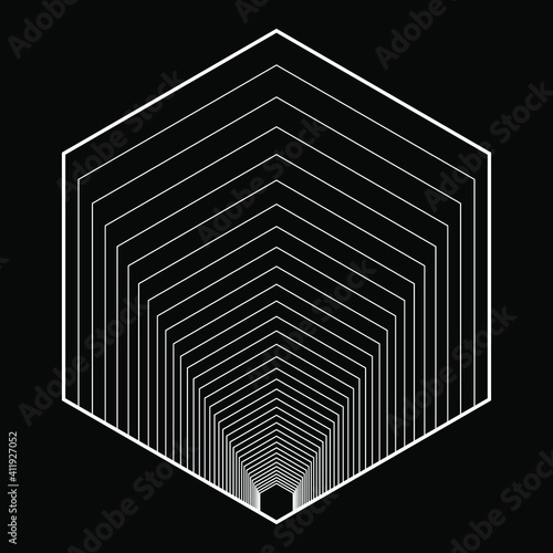 Abstract white concentric hexagons. Vector illustration. Design element for technology logo, striped border frame, blackout tattoo, prints, monochrome pattern and abstract background