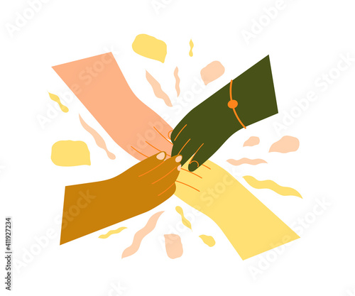 Team metaphor. 4 hands of different colors as a symbol of a multicultural team. Team work, business partnership,coworking. Business creative concept. Flat vector illustration in trendy style.