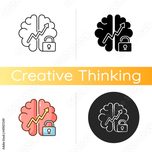 Growth mindset icon. Creative thinking idea. Brainstorm and teamwork. Broadening horizons. Improving thinking skills. Linear black and RGB color styles. Isolated vector illustrations