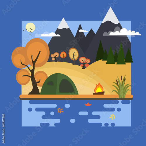 Tourist tent and campfire on the lake. Autumn landscape. Mountainside and hills. Reeds, fallen leaves,autumn trees, flocks of birds. Book illustration. Flat design, cartoon. Vector illustration