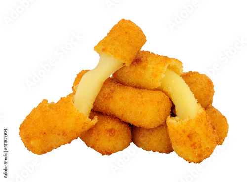 Obraz na płótnie Group of breadcrumb covered mozzarella cheese sticks isolated on a white backgro