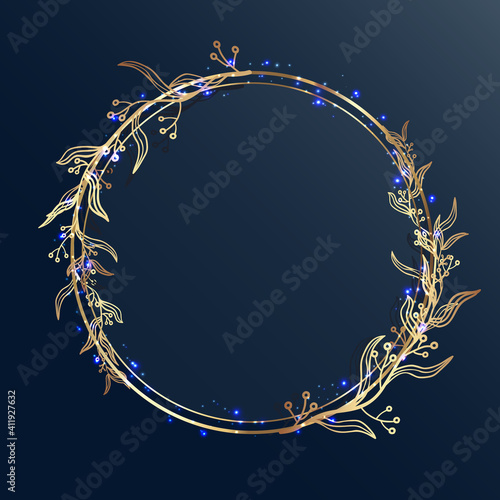 Gold frame. A circle in golden branches on a dark gray background. Glowing sparks and dots. Place for text.