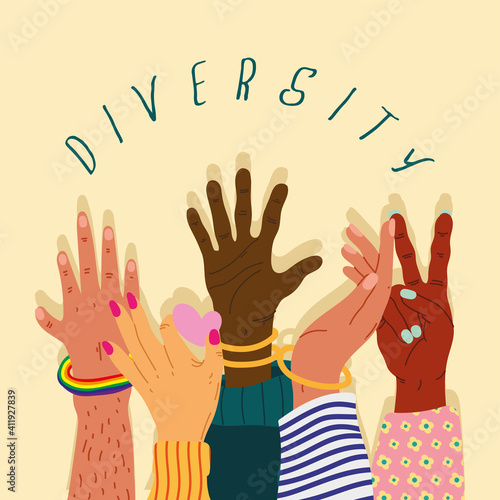 five diversity hands humans up and lettering