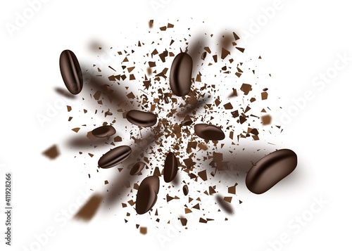 Explosion of coffee bean and powder isolated on white background.