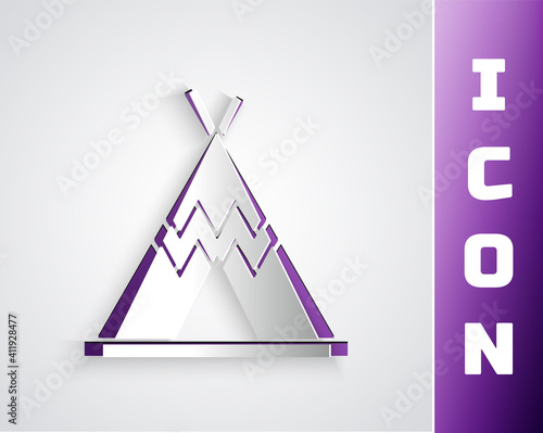 Paper cut Traditional indian teepee or wigwam icon isolated on grey background. Indian tent. Paper art style. Vector.
