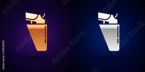 Gold and silver Revolver gun in holster icon isolated on black background. Vector.