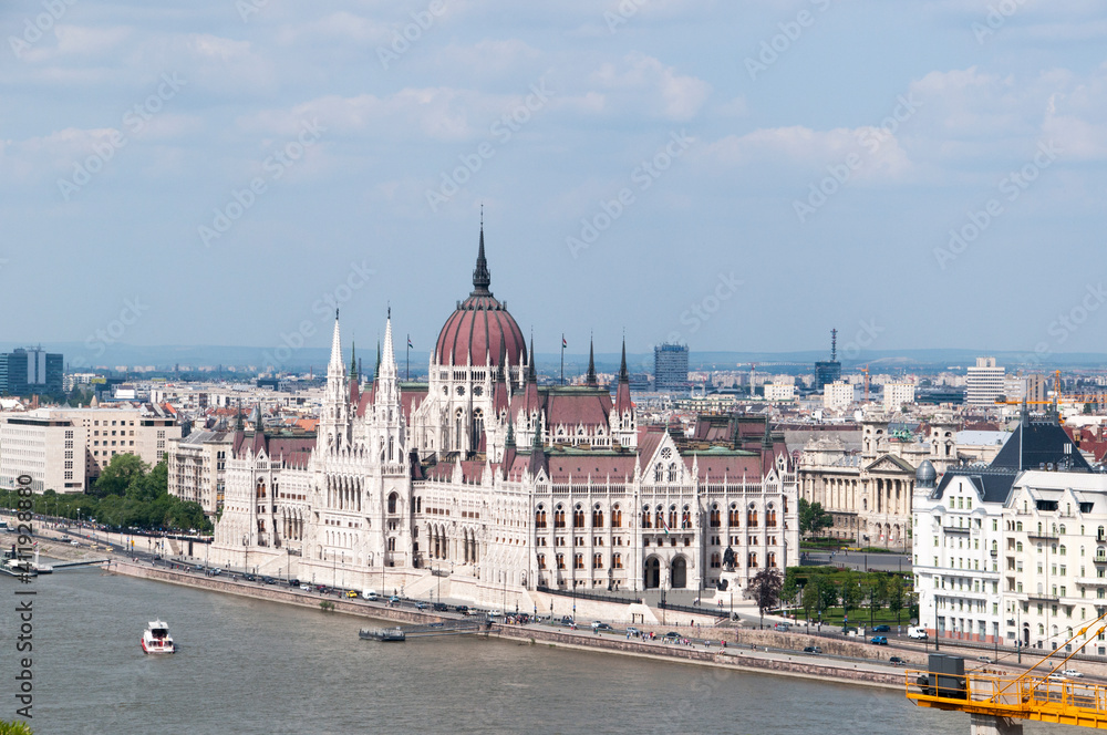 Hungarian Parliament at daytime. Budapest. View from the Danube River. Hungary