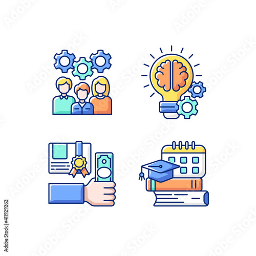 Idea generation RGB color icons set. Workshop components idea. Improving professional skills. Getting new practical skills. Getting new knowledge. Bootcamp concept. Isolated vector illustrations