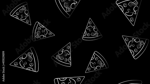 slice of pizza on a black background, illustration, pattern. appetizing, tasty pizza with a variety of paprika, meat, vegetables filling. seamless pattern, background, endless pattern