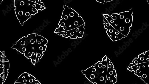 cheese on black background, illustration, pattern. an appetizing triangular slice of cheese with holes. seamless illustration, crayon style wallpaper