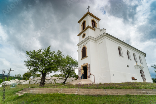 Chapel in Pecs, hungary with cloudy sky, long exposure photo