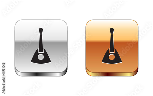 Black Musical instrument balalaika icon isolated on white background. Silver and gold square buttons. Vector.