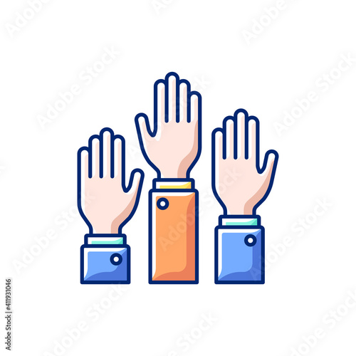 Participation RGB color icon. Taking part in proffesional workshops. Getting new practical skills. Active position. Hands raised up. hands-on learning. Isolated vector illustration