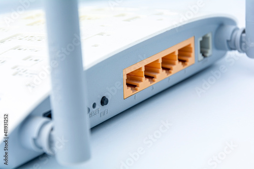 Close-up of a wireless router. The concept of communications and the Internet, communications and technologies in the field of communications and the Internet.