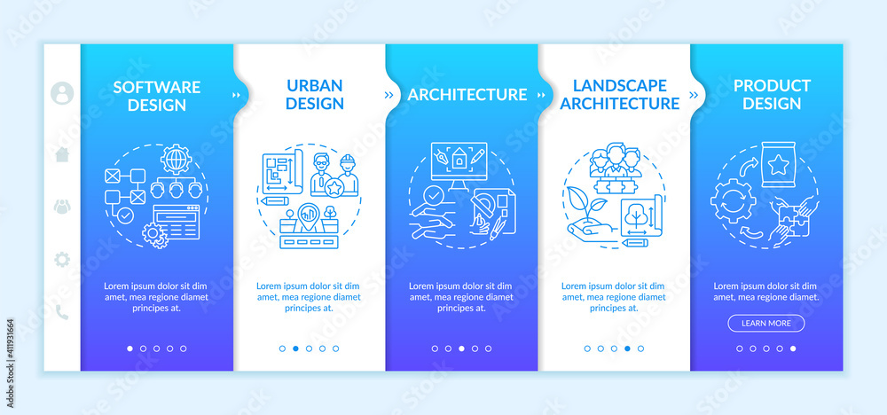 Collaborative design application fields onboarding vector template. Landscape architecture. Product designing. Responsive mobile website with icons. Webpage walkthrough step screens. RGB color concept