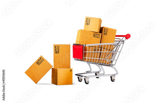 Shopping Cart and Product Package Boxes isolated on white background, Online Shop and delivery concept